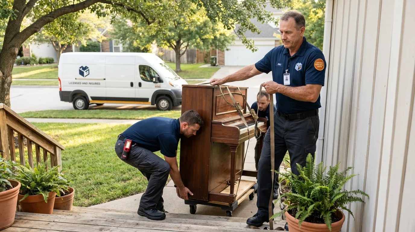 Licensed piano movers securing grand piano in Paris, IL