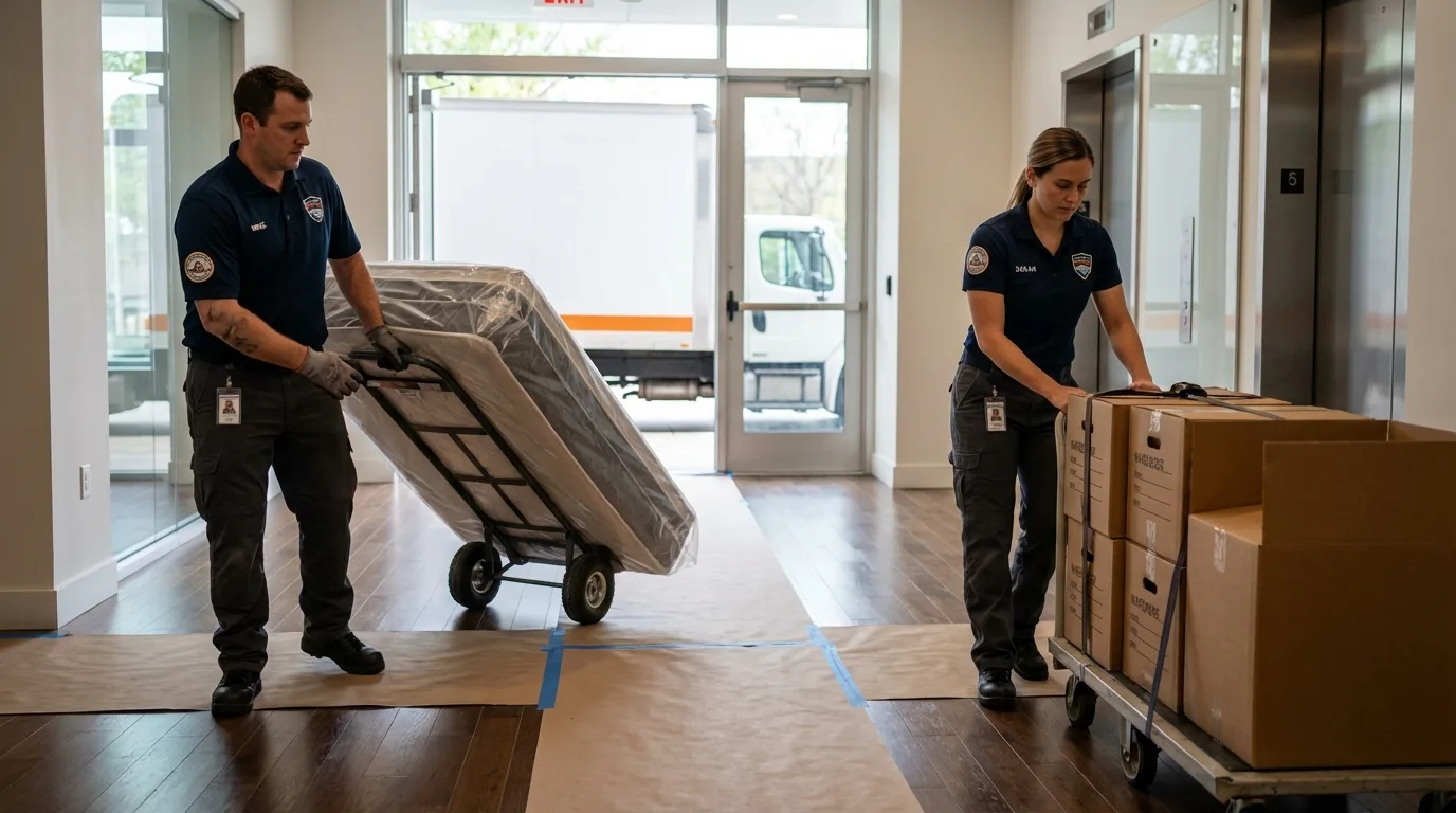 Professional apartment movers loading elevator in Paris, IL
