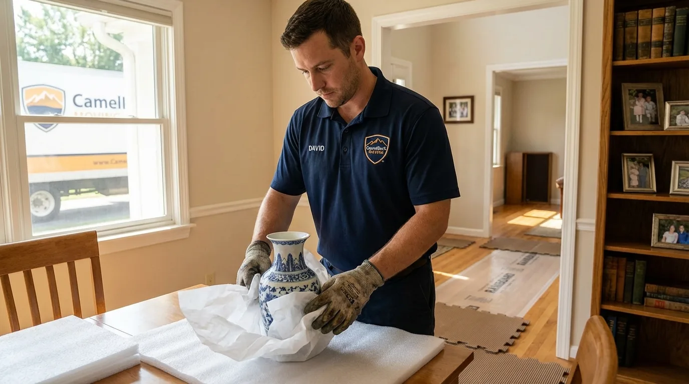Professional crew carefully wrapping antique vase for senior downsizing move in Paris, IL