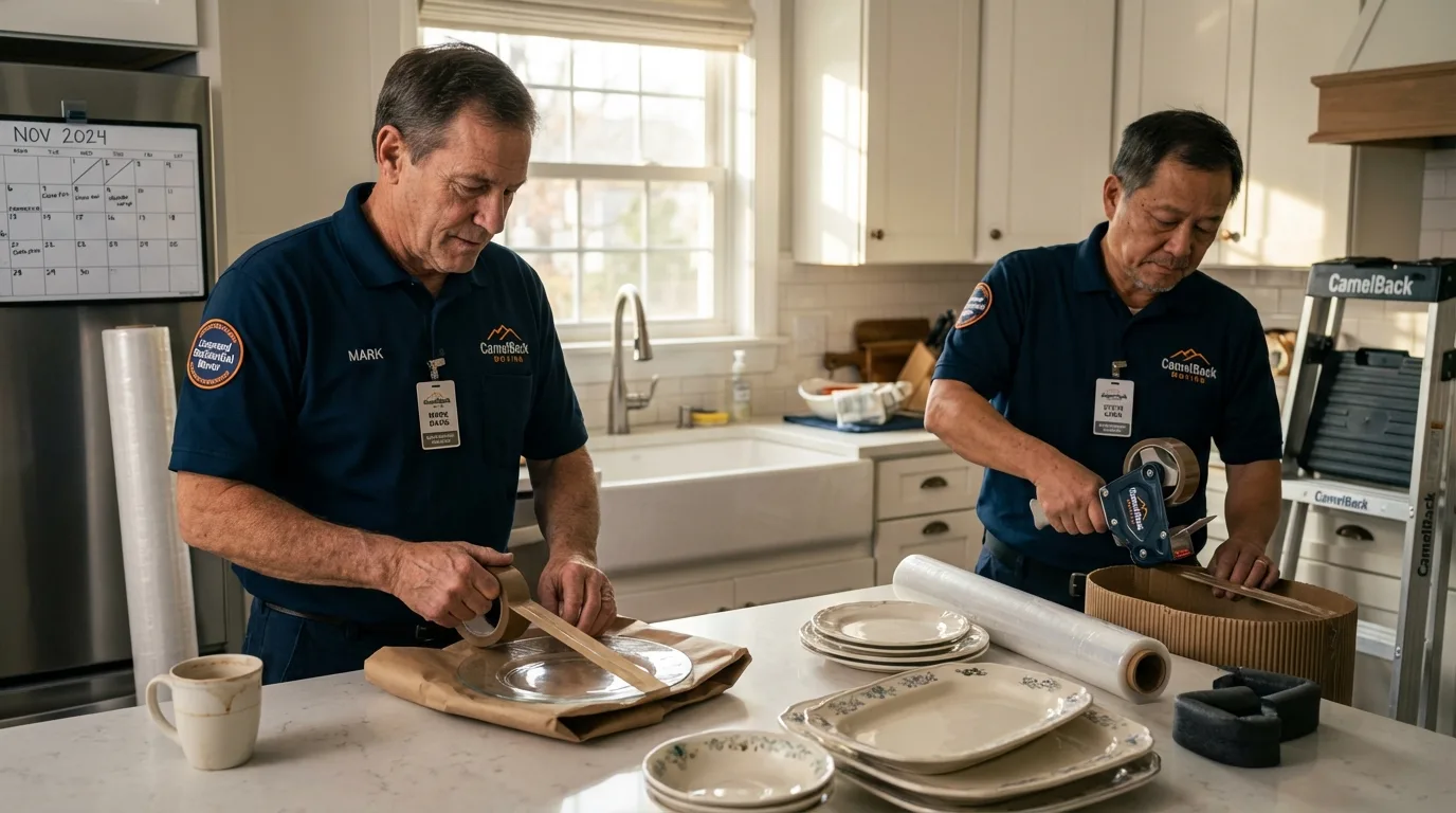 Professional crew packing kitchen dishware in Paris, IL